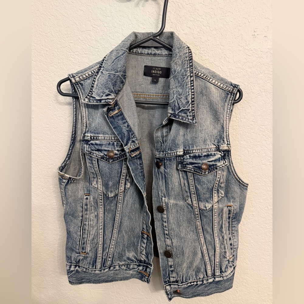 J.CREW Indigo Women's Large Sleeveless Denim Jean Jacket Vest Button Front Blue